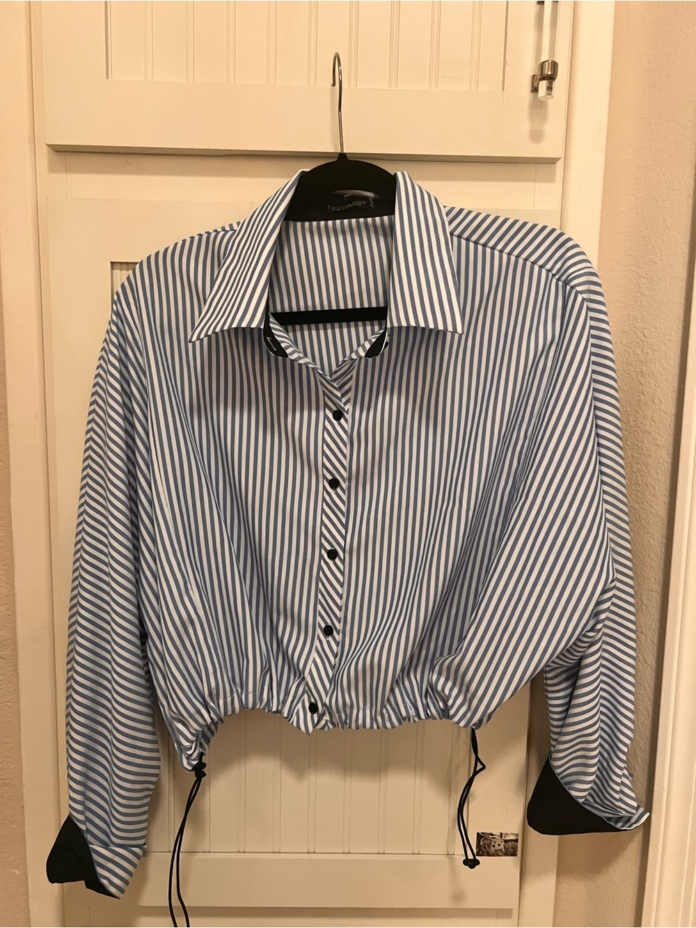 Blue & White Striped Drawstring Crop Button-Down Shirt - Unbranded